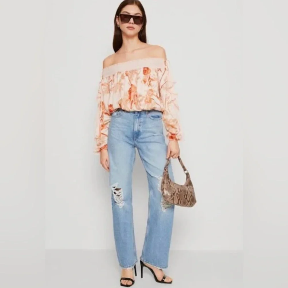 Free People Boho Satin Bodysuit Off The Shoulder Floral Peach Cream XL NWT